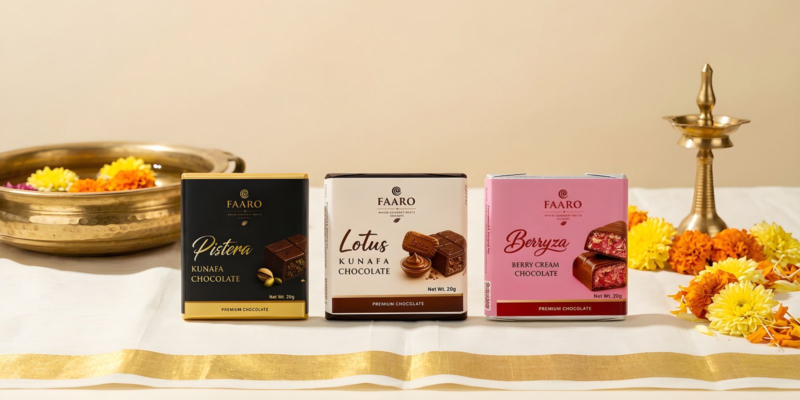 Three Faaro chocolate packs on a gold-bordered kasavu cloth beside a brass uruli of flowers and a nilavilakku lamp for Onam