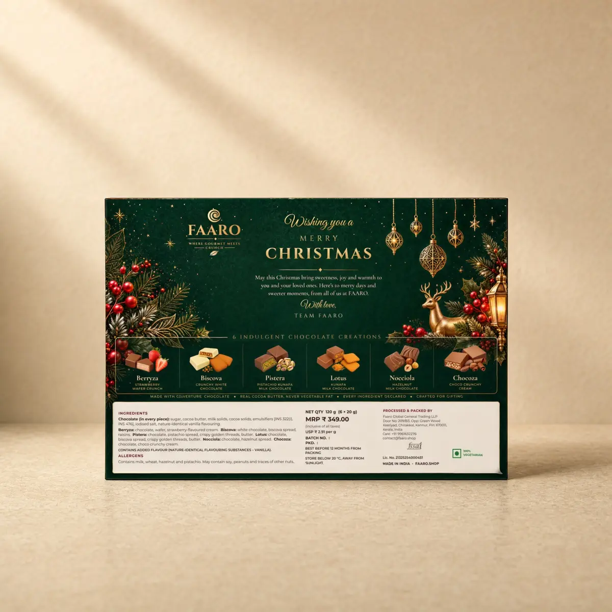 The back of the FAARO Christmas gift box: a Merry Christmas greeting from Team FAARO, the six flavours, ingredients, allergen information and the ₹349 MRP