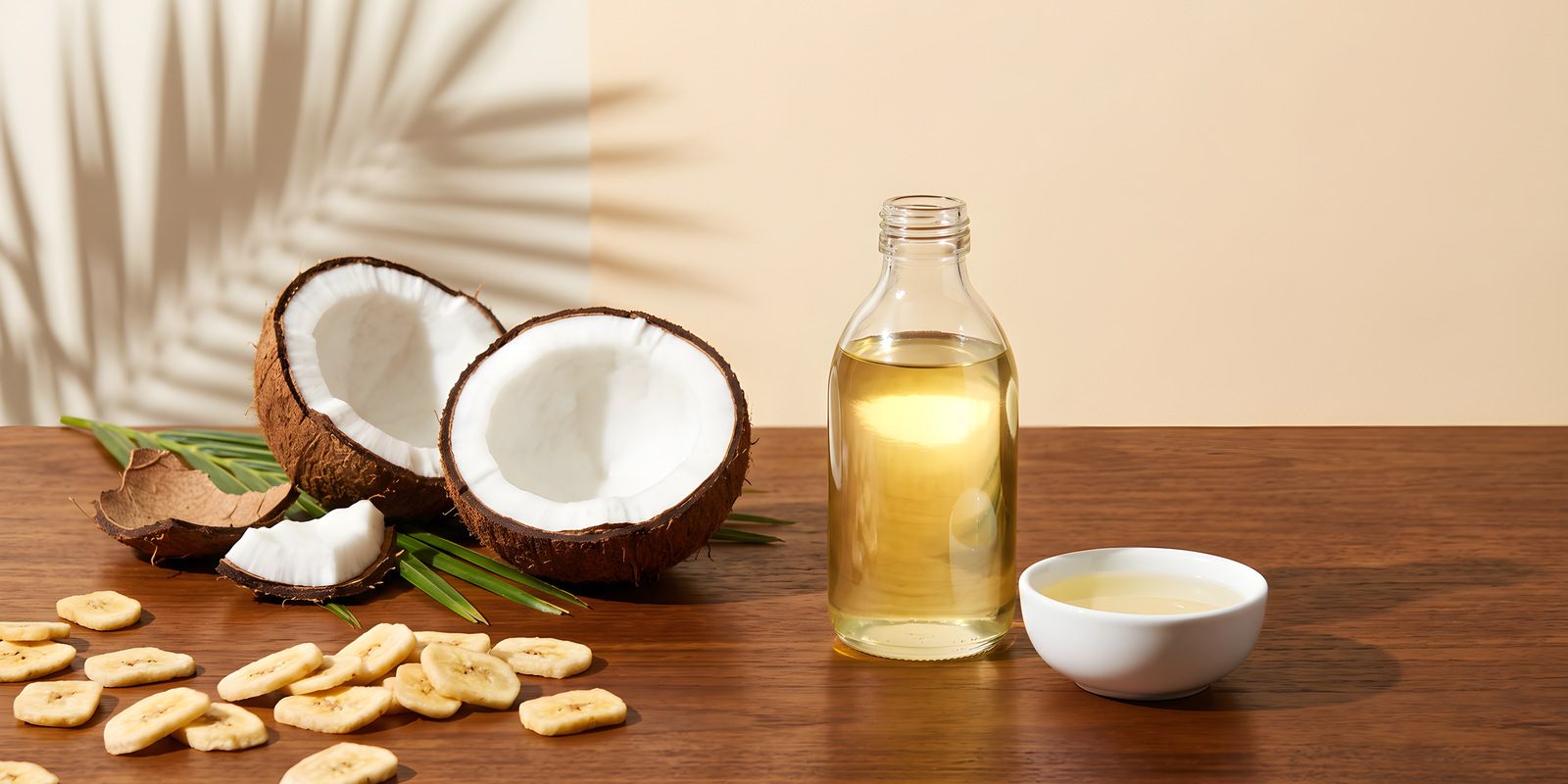A glass bottle and bowl of coconut oil on dark teak with a split coconut, shell pieces and a coconut frond in bright side light