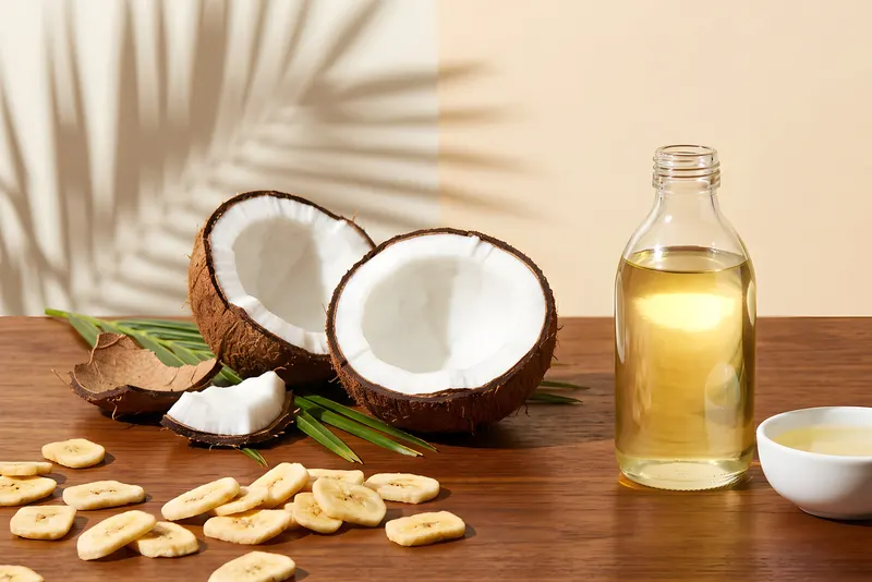 A glass bottle and bowl of coconut oil on dark teak with a split coconut, shell pieces and a coconut frond in bright side light