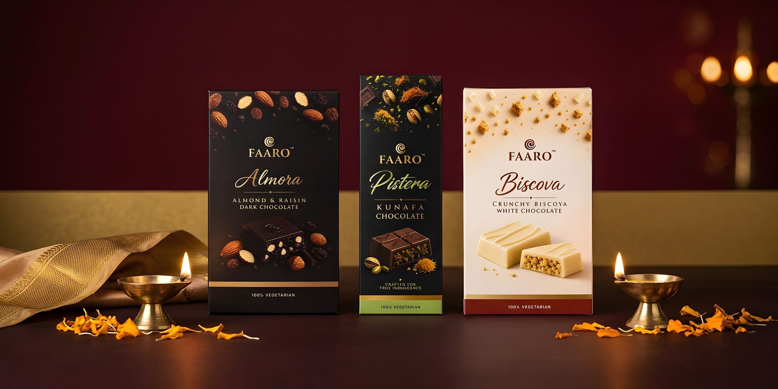 Three Faaro chocolate bars arranged for corporate Diwali gifting with brass diyas and marigold petals on a maroon and gold setting