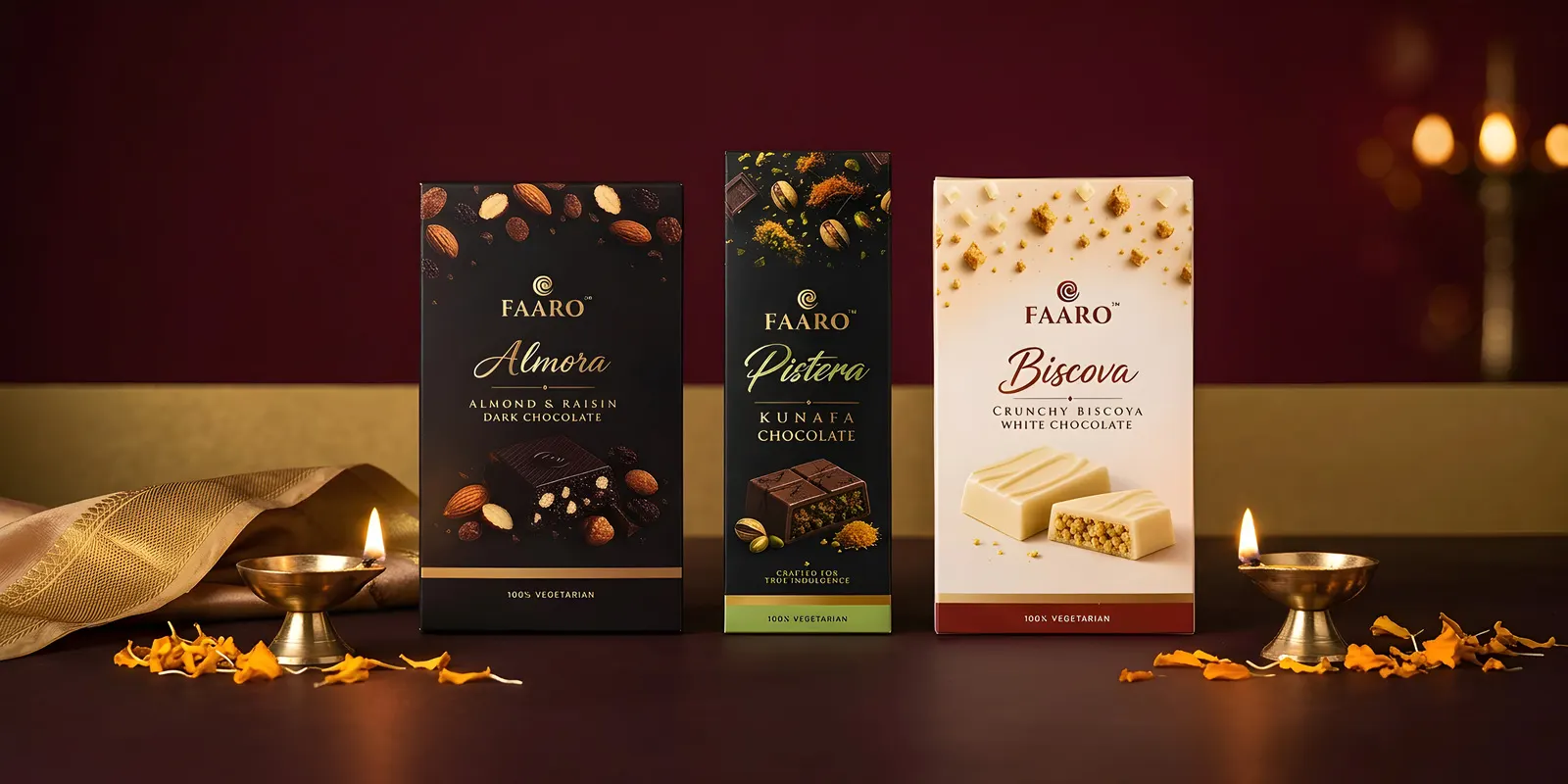Three Faaro chocolate bars arranged for corporate Diwali gifting with brass diyas and marigold petals on a maroon and gold setting