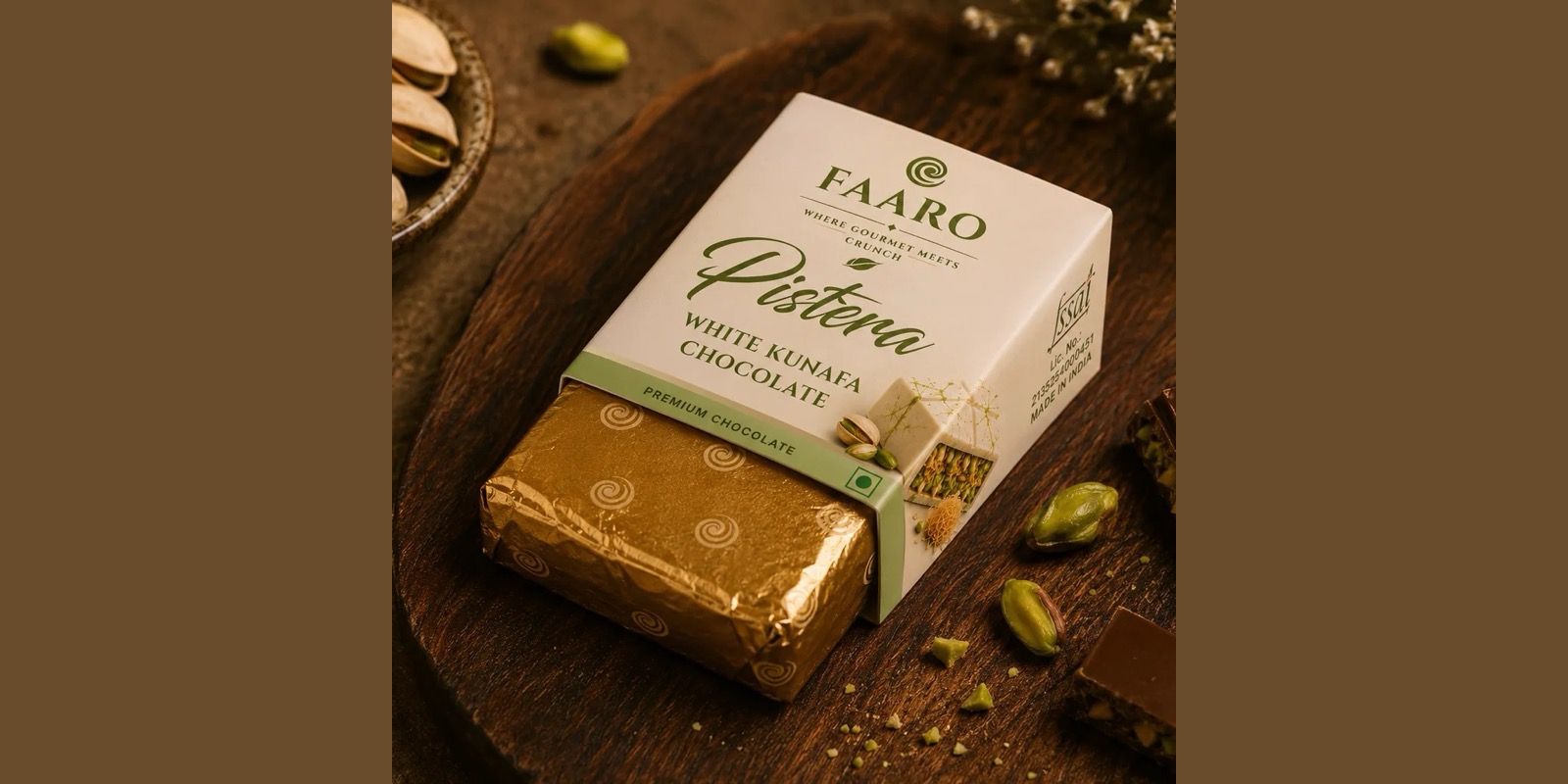 Faaro Pista Bianca pistachio kunafa white chocolate 20g pack, distributed in bulk across Hyderabad and Telangana