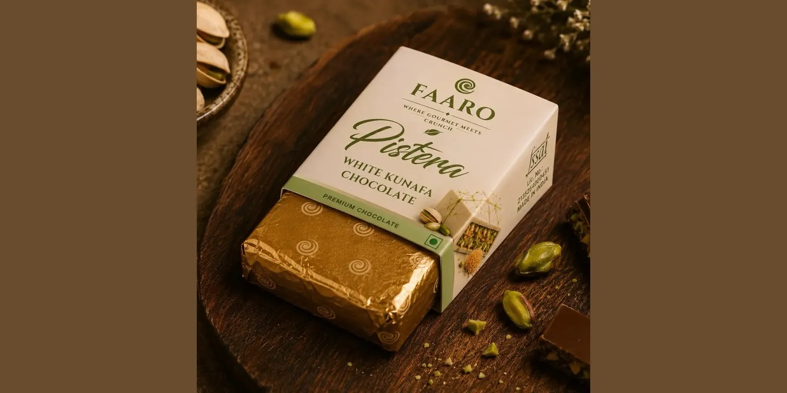 Faaro Pista Bianca pistachio kunafa white chocolate 20g pack, distributed in bulk across Hyderabad and Telangana