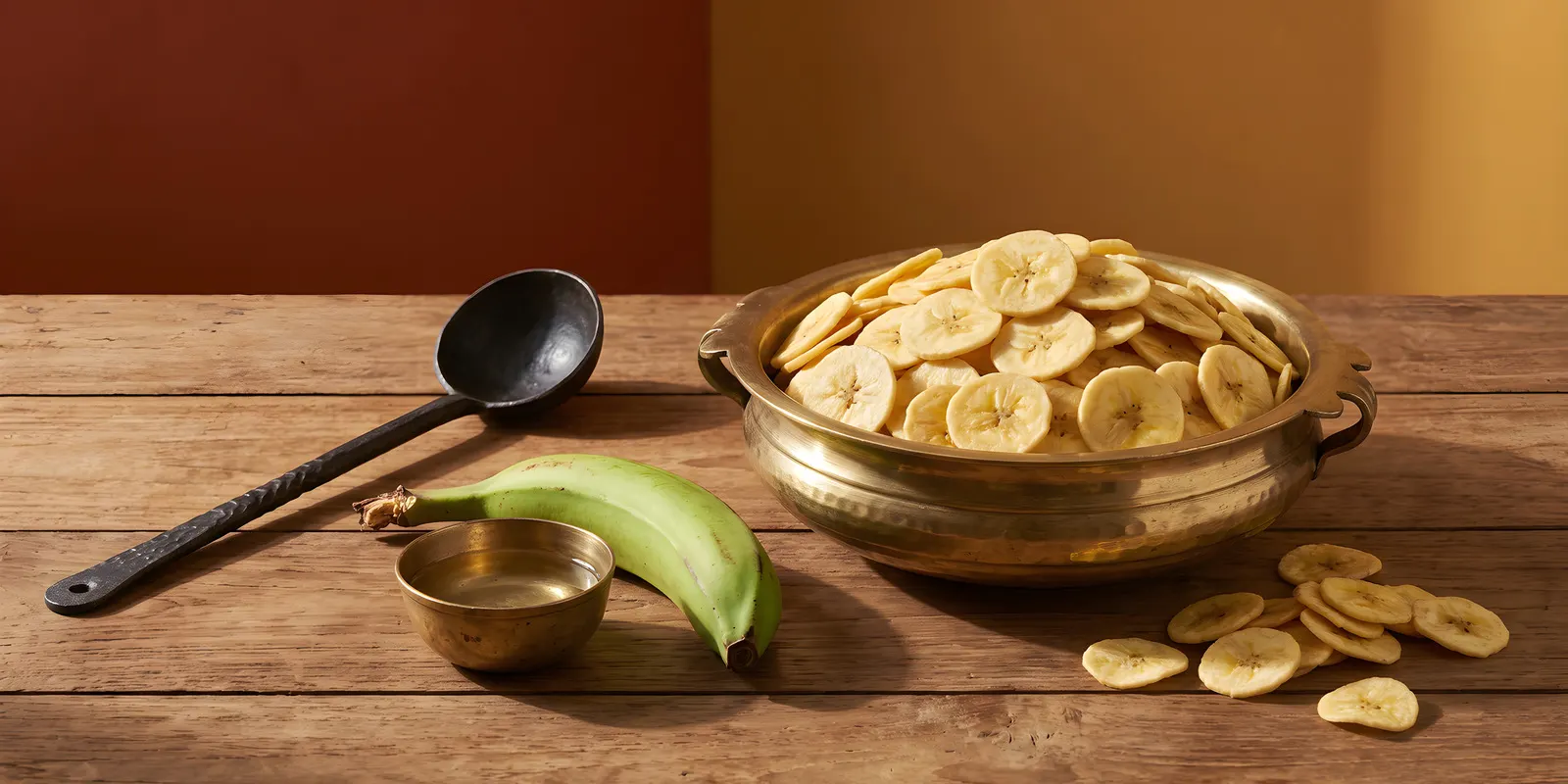Kerala banana chips heaped in a hammered brass uruli on worn teak, with an iron ladle, coconut oil and a green Nendran plantain