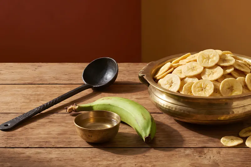 Kerala banana chips heaped in a hammered brass uruli on worn teak, with an iron ladle, coconut oil and a green Nendran plantain