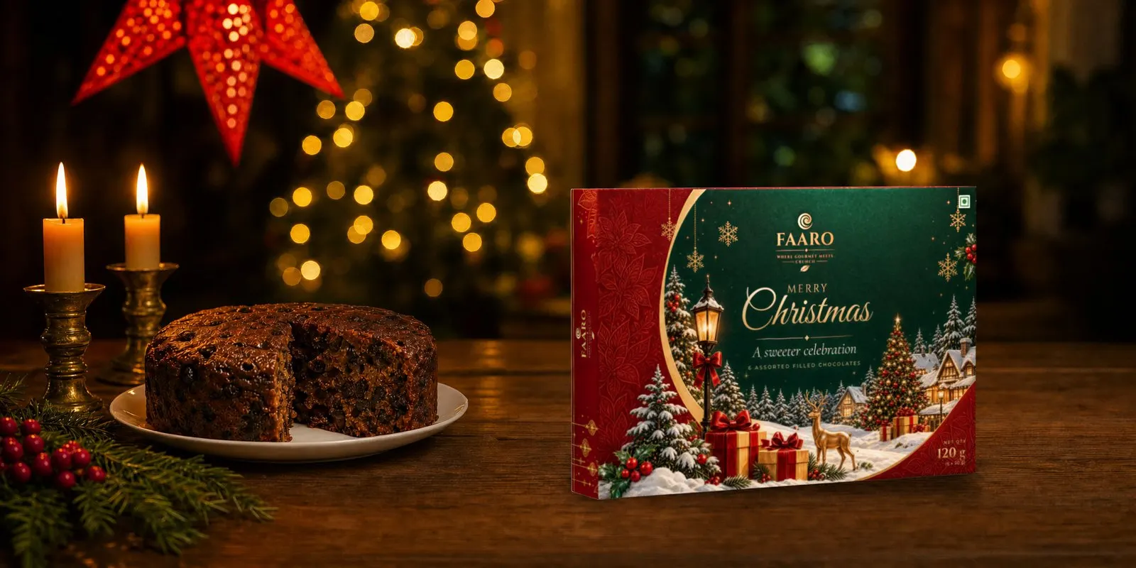 The green, red and gold FAARO Merry Christmas gift box standing on a walnut table beside a cut plum cake and lit candles in brass holders, with a red paper star lantern and fairy-light bokeh behind