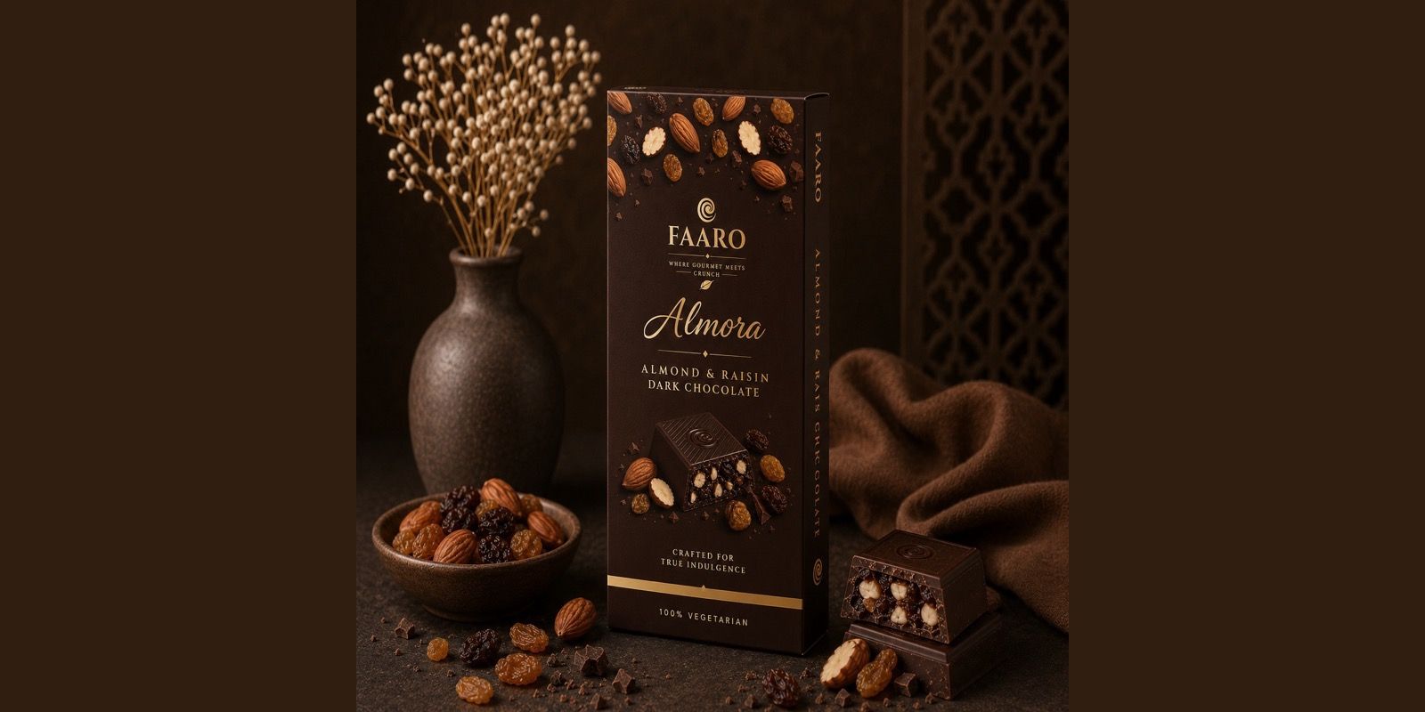 Faaro Almora almond and raisin dark chocolate in dark and gold packaging, built for a Diwali chocolate hamper