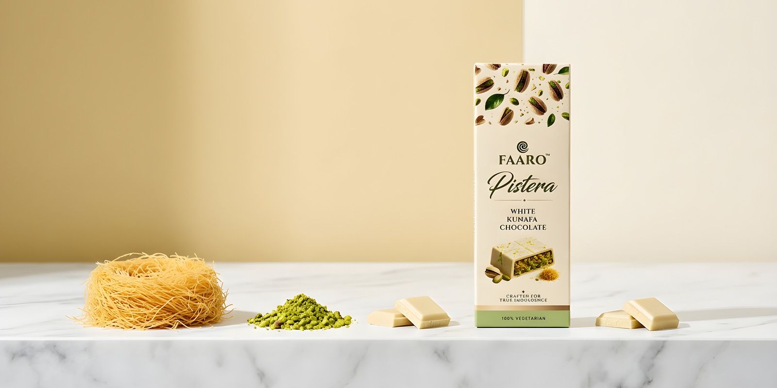 A row of Faaro white kunafa chocolate bars on a white marble ledge with kunafa strands and crushed pistachio