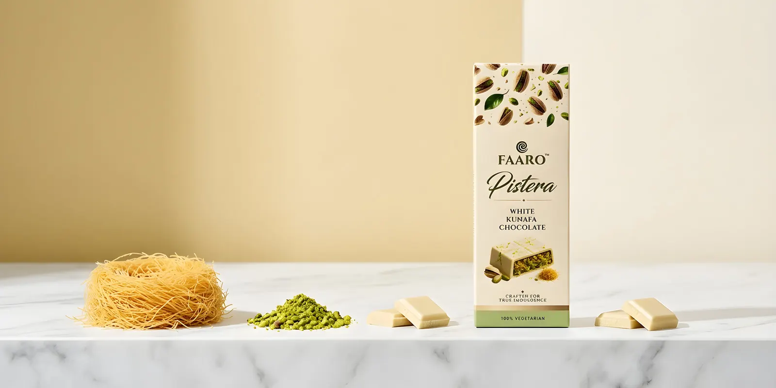 A row of Faaro white kunafa chocolate bars on a white marble ledge with kunafa strands and crushed pistachio