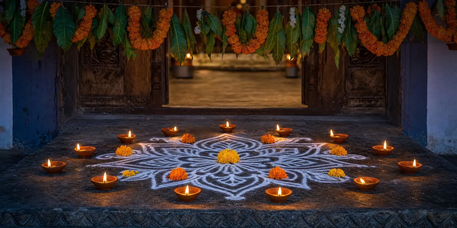 Terracotta agal vilakku oil lamps lit around a white rice-flour kolam on a stone threshold at dusk, with a marigold and mango-leaf thoranam over a carved wooden door