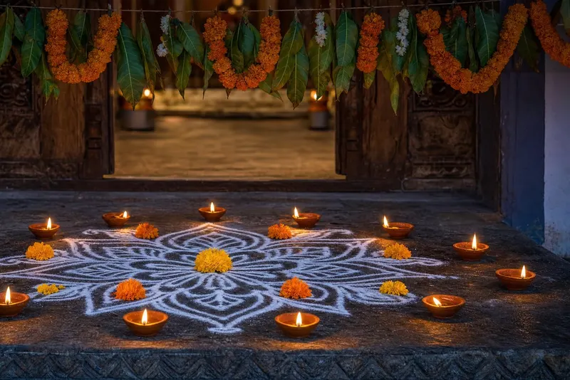 Terracotta agal vilakku oil lamps lit around a white rice-flour kolam on a stone threshold at dusk, with a marigold and mango-leaf thoranam over a carved wooden door