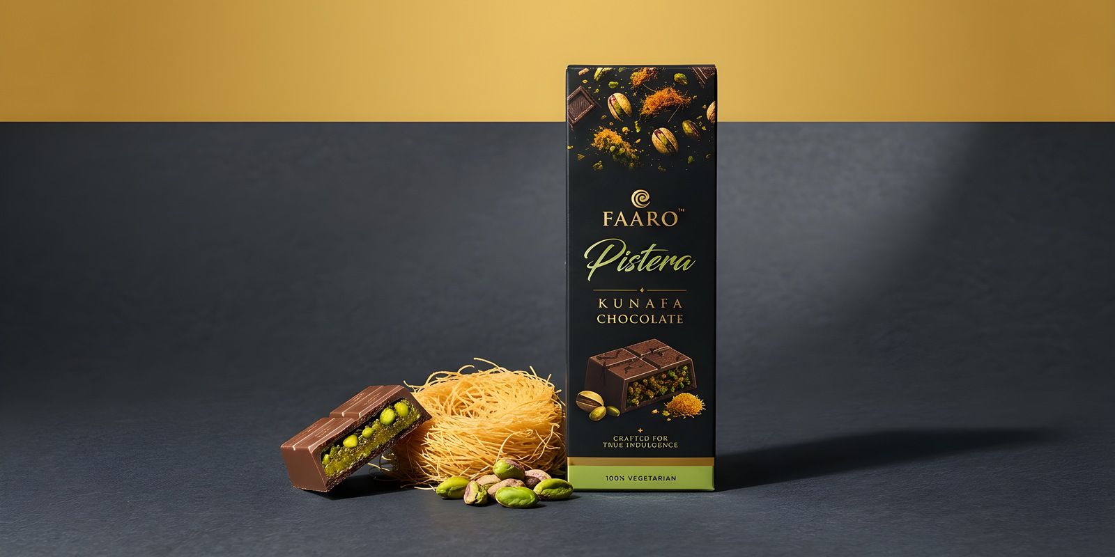 A Faaro Pistera kunafa chocolate bar beside a snapped piece showing the pistachio and kunafa filling, on a charcoal and gold backdrop