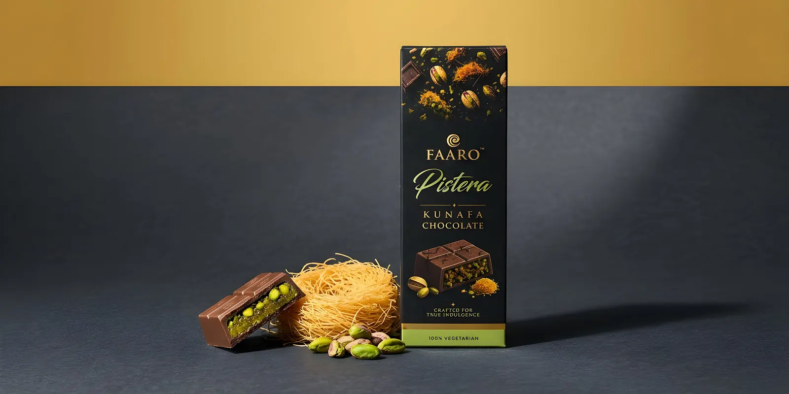 A Faaro Pistera kunafa chocolate bar beside a snapped piece showing the pistachio and kunafa filling, on a charcoal and gold backdrop
