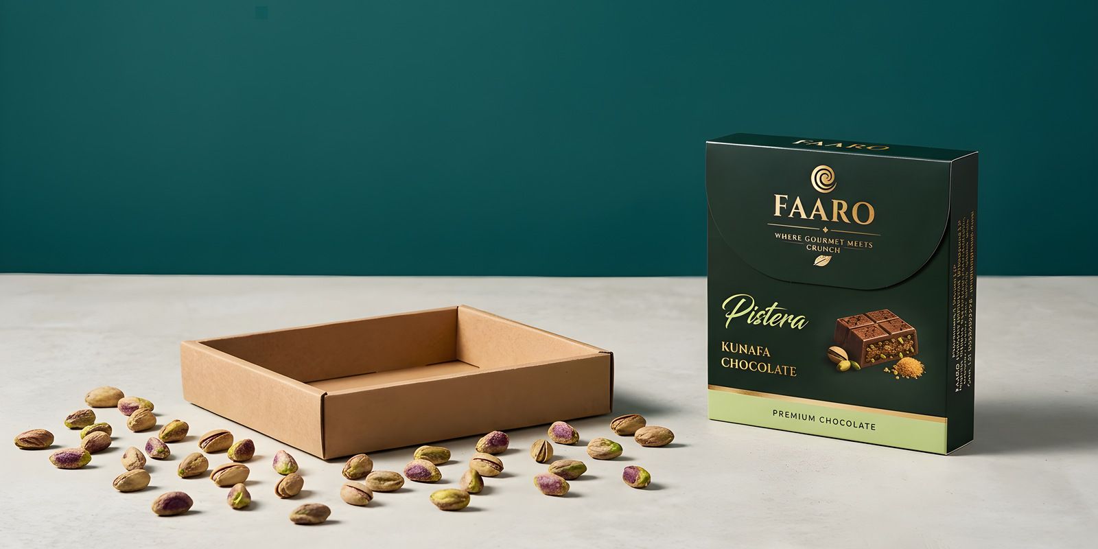 Faaro pistachio kunafa chocolate cartons stacked as wholesale stock on a concrete surface against a deep teal backdrop