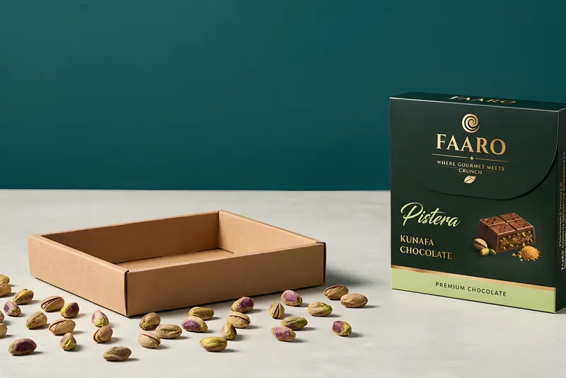 Faaro pistachio kunafa chocolate cartons stacked as wholesale stock on a concrete surface against a deep teal backdrop