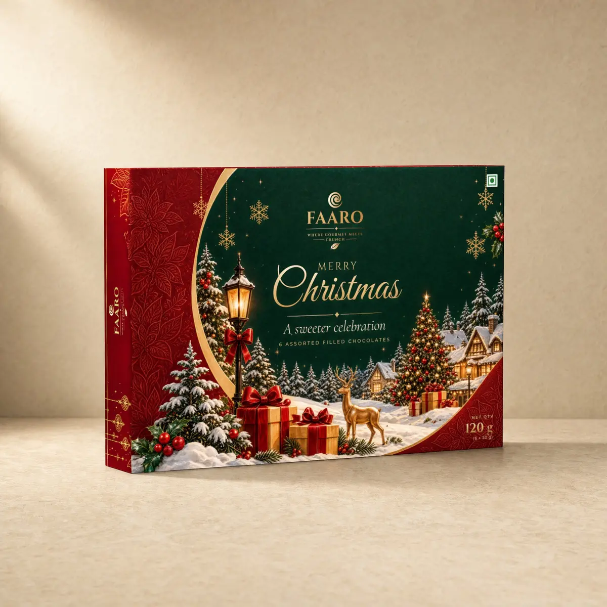 The FAARO Christmas gift box at an angle: a green, red and gold sleeve with a snowy village, lamp-post and gold reindeer, Merry Christmas, 120 g of six assorted filled chocolates