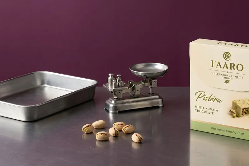 Faaro white kunafa chocolate cartons on a brushed steel surface with more packed in a steel tray, against a deep plum backdrop