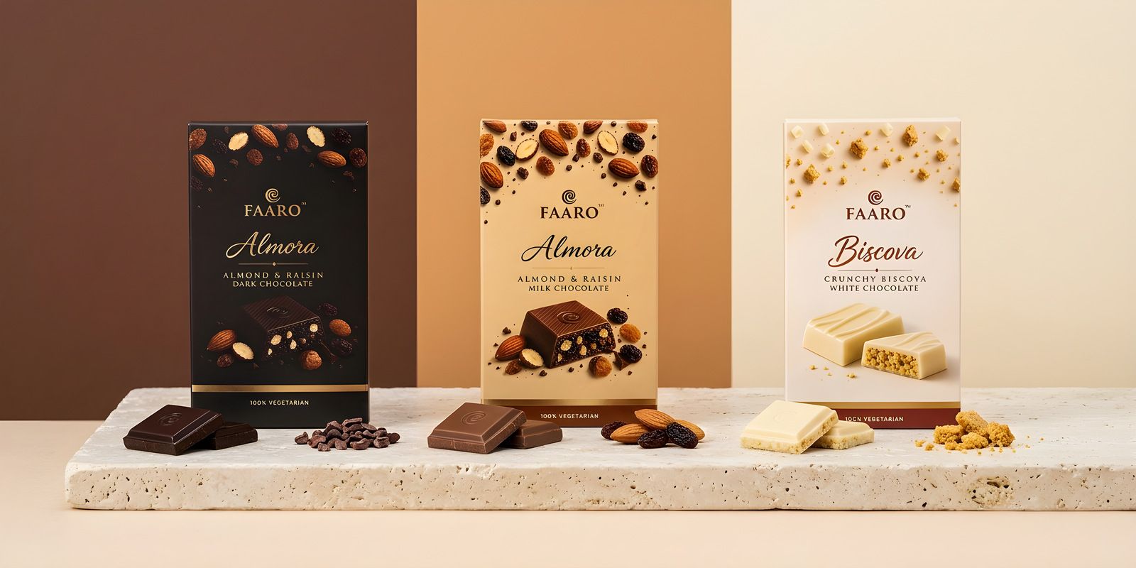 Faaro dark, milk and white chocolate packs standing in a row, each with a matching broken square and its ingredients in front