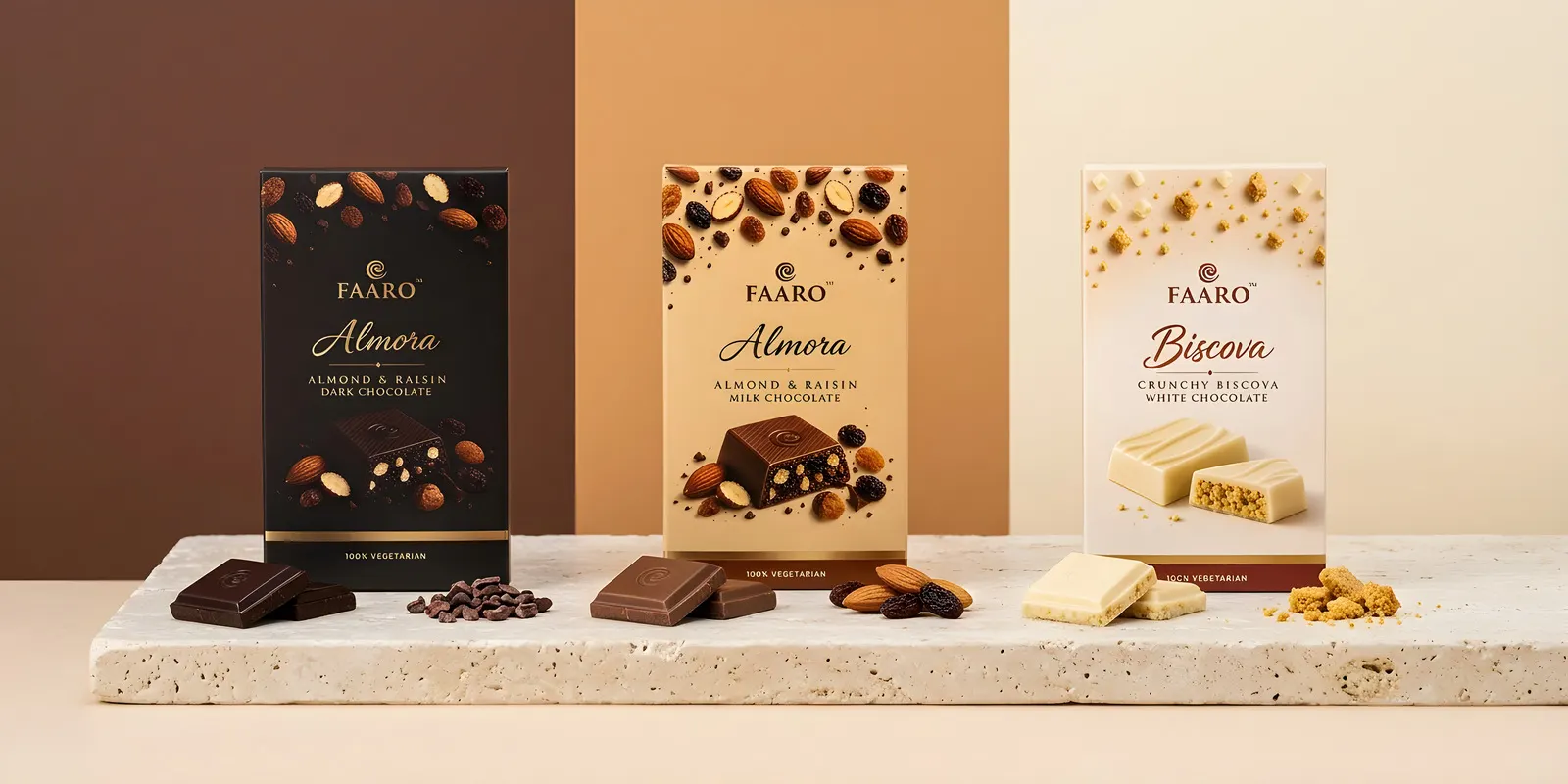 Faaro dark, milk and white chocolate packs standing in a row, each with a matching broken square and its ingredients in front