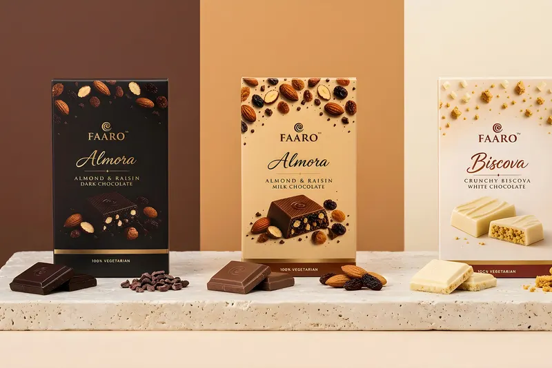 Faaro dark, milk and white chocolate packs standing in a row, each with a matching broken square and its ingredients in front