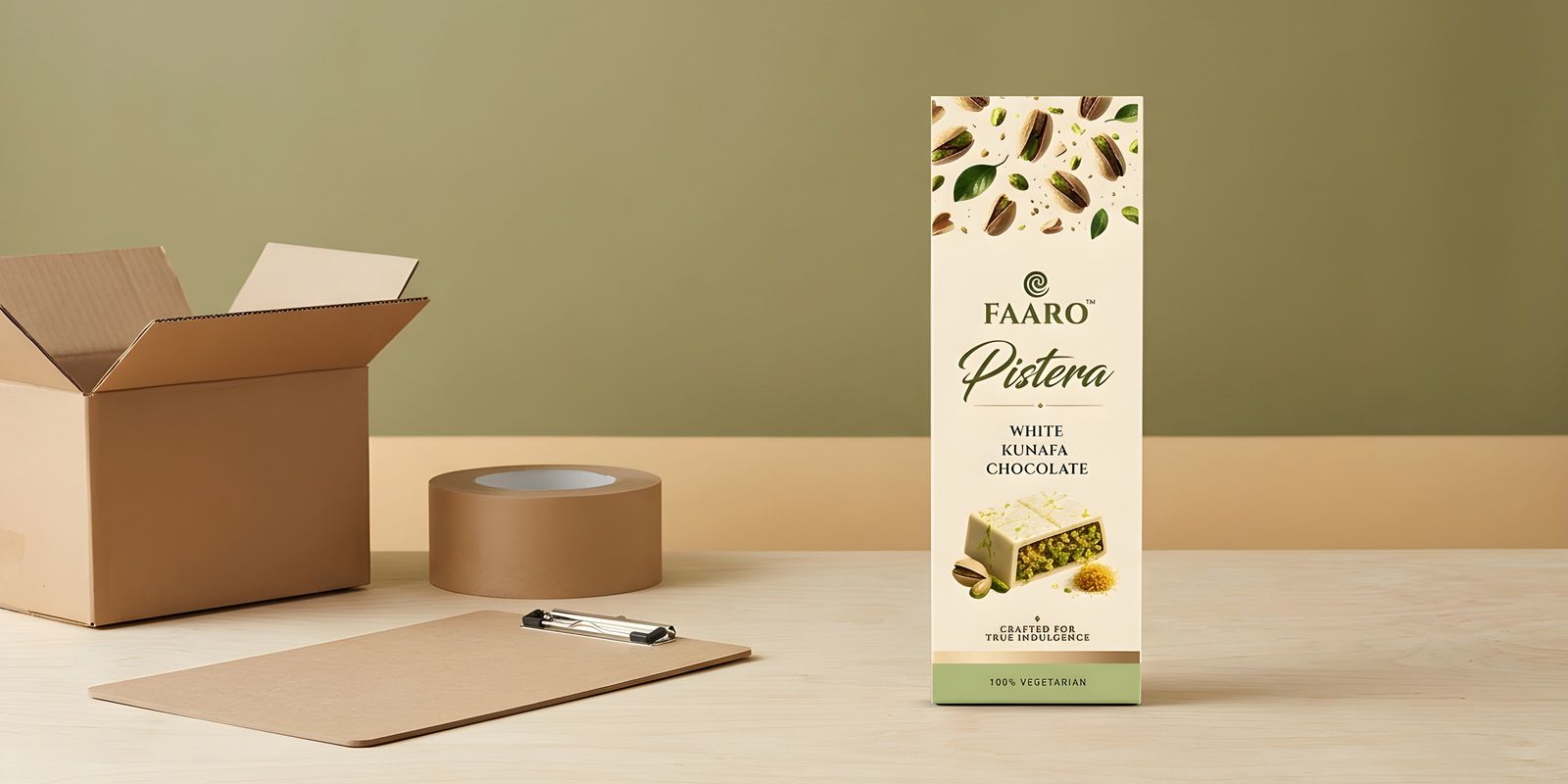 A Faaro Pistera white kunafa chocolate pack on a birch counter beside an empty kraft shipping carton, set up as a distribution scene