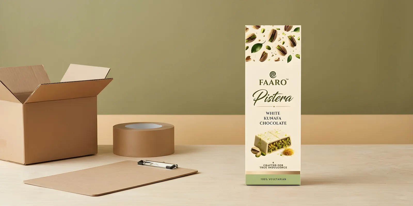 A Faaro Pistera white kunafa chocolate pack on a birch counter beside an empty kraft shipping carton, set up as a distribution scene