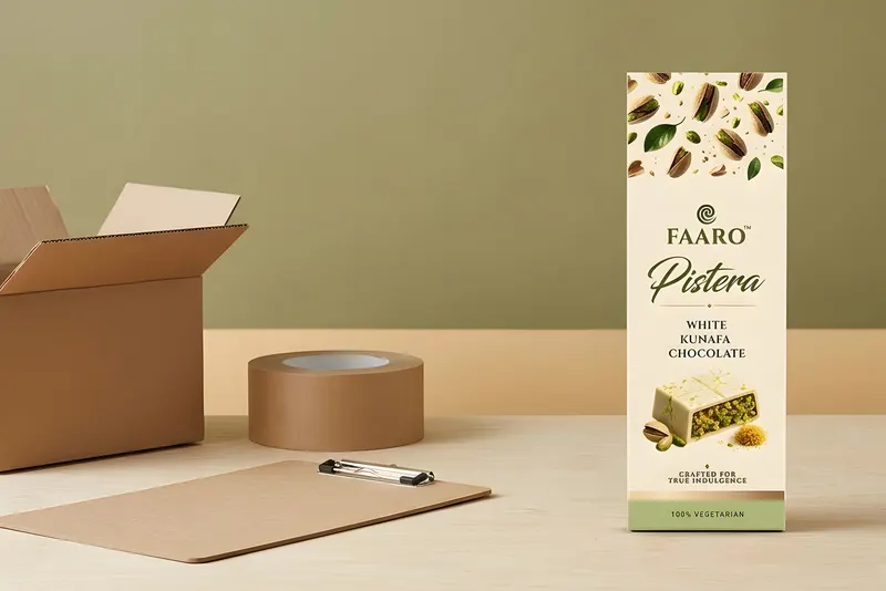 A Faaro Pistera white kunafa chocolate pack on a birch counter beside an empty kraft shipping carton, set up as a distribution scene