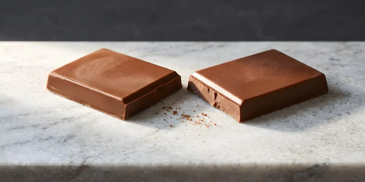 A bar of milk chocolate snapped in two on a marble slab, its surface glossy and a scatter of crumb along the break