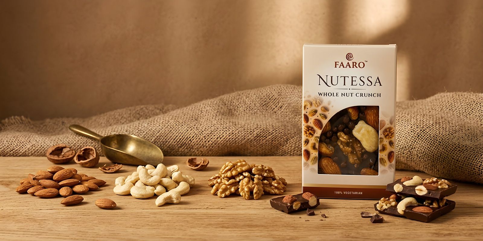A Faaro Nutessa whole nut chocolate pack on hessian with separate piles of almonds, cashews and walnuts