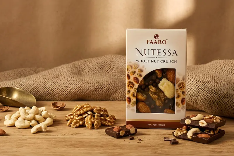 A Faaro Nutessa whole nut chocolate pack on hessian with separate piles of almonds, cashews and walnuts