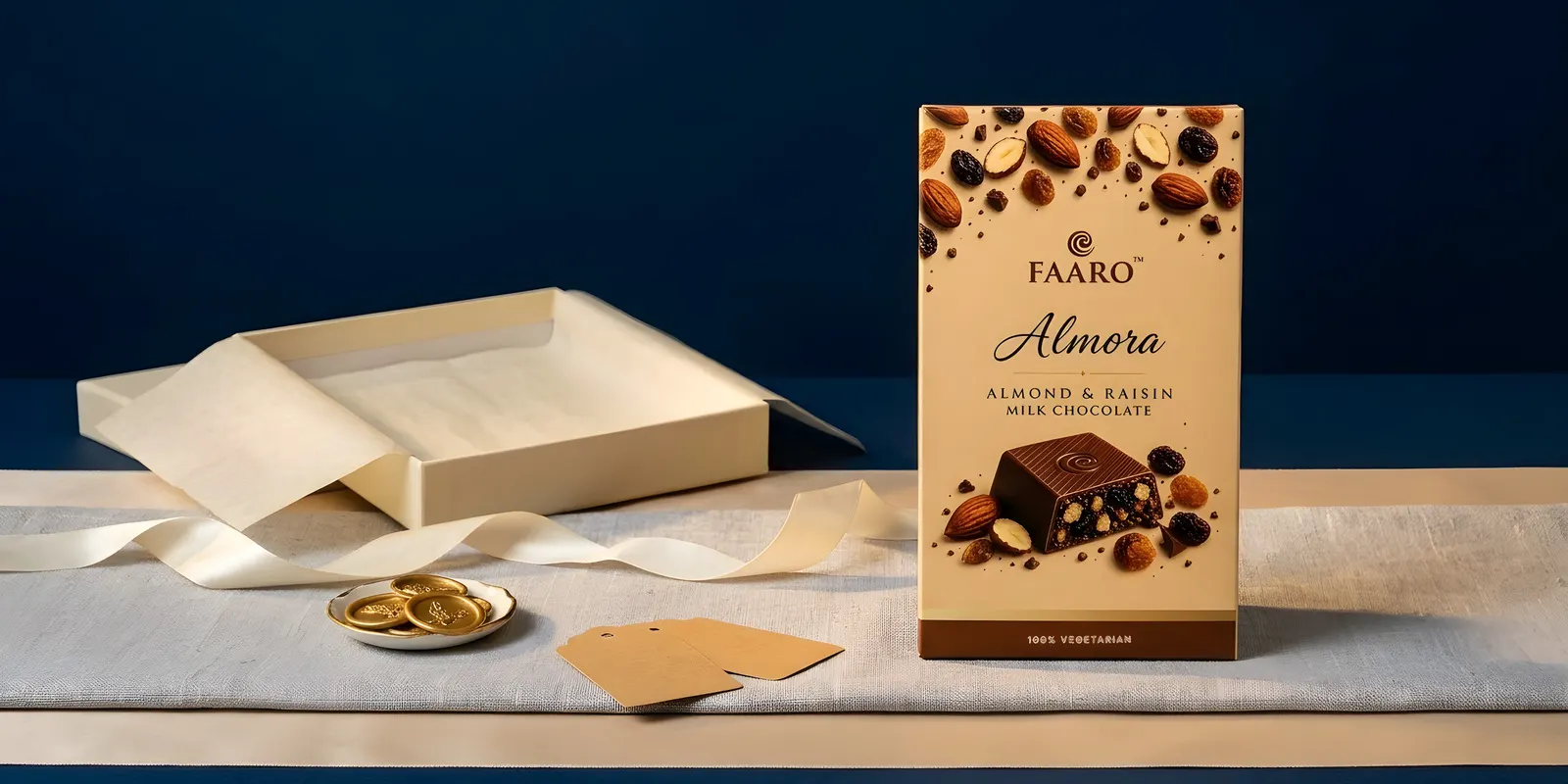 A Faaro Almora almond and raisin chocolate bar beside an empty gift box, ivory silk ribbon, gold wax seals and blank kraft tags on grey linen
