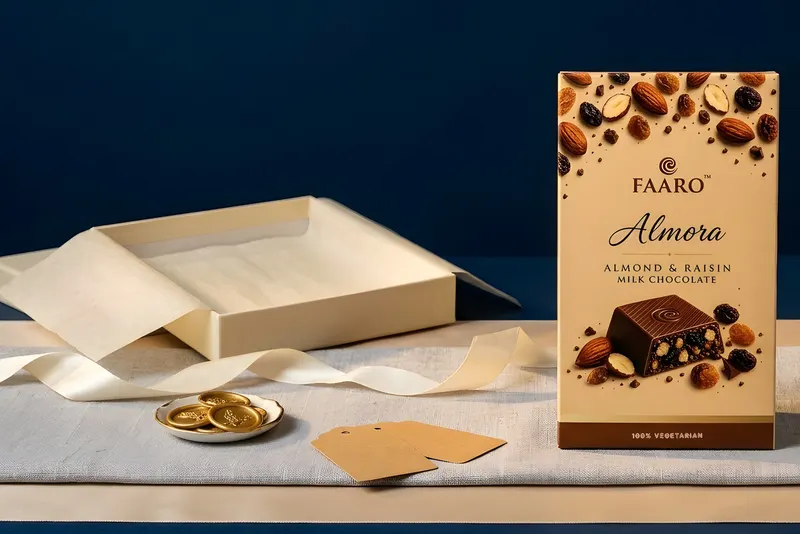 A Faaro Almora almond and raisin chocolate bar beside an empty gift box, ivory silk ribbon, gold wax seals and blank kraft tags on grey linen