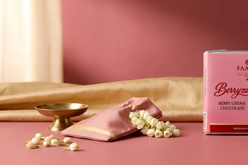 A Faaro Berryza berry cream chocolate pack on gold silk with a brass dish and jasmine, arranged as a South Indian wedding return gift