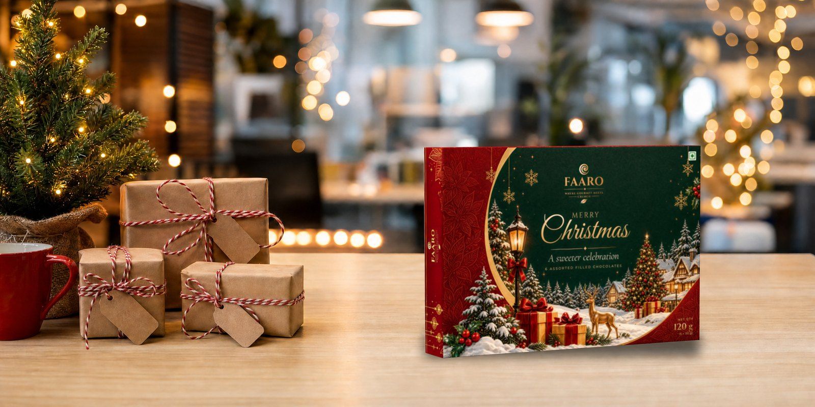 The FAARO Christmas gift box on an office desk beside three kraft-wrapped presents tied with red-and-white twine, a small potted pine with fairy lights and a red mug