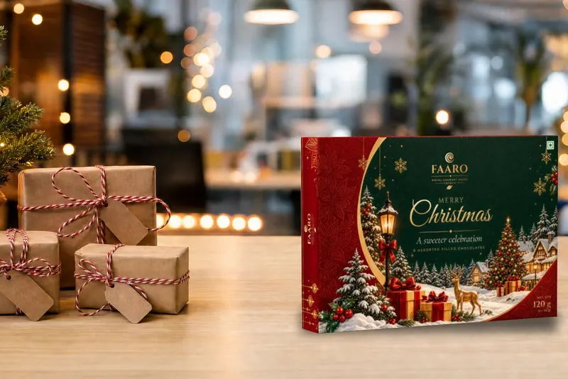 The FAARO Christmas gift box on an office desk beside three kraft-wrapped presents tied with red-and-white twine, a small potted pine with fairy lights and a red mug
