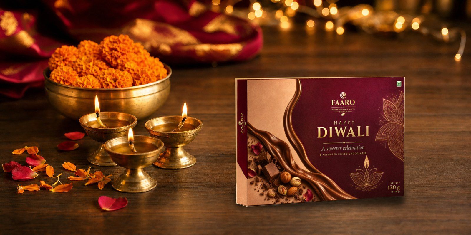 The maroon-and-gold FAARO Happy Diwali gift box standing on a walnut table beside lit brass diyas and a brass bowl of marigolds, with warm fairy-light bokeh behind