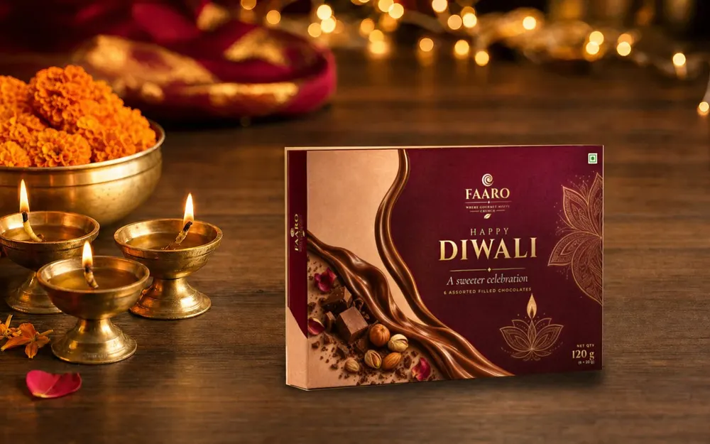 The maroon-and-gold FAARO Happy Diwali gift box standing on a walnut table beside lit brass diyas and a brass bowl of marigolds, with warm fairy-light bokeh behind