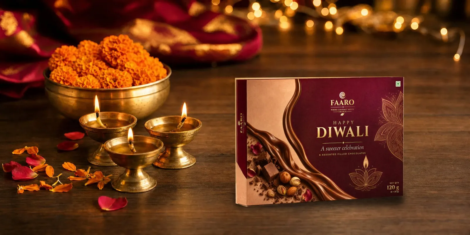 The maroon-and-gold FAARO Happy Diwali gift box standing on a walnut table beside lit brass diyas and a brass bowl of marigolds, with warm fairy-light bokeh behind