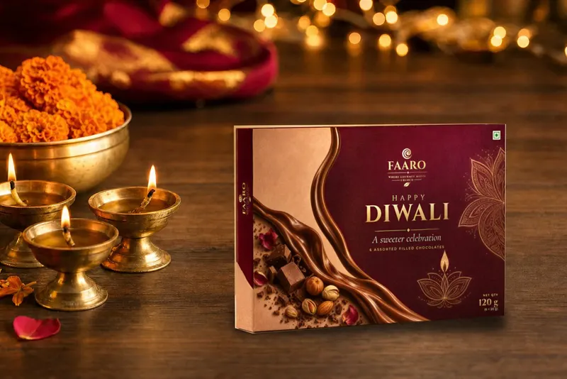 The maroon-and-gold FAARO Happy Diwali gift box standing on a walnut table beside lit brass diyas and a brass bowl of marigolds, with warm fairy-light bokeh behind