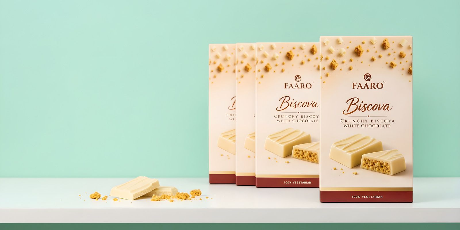 Faaro Biscova white chocolate packs standing in a row on a clean white supermarket shelf against a mint-green backdrop