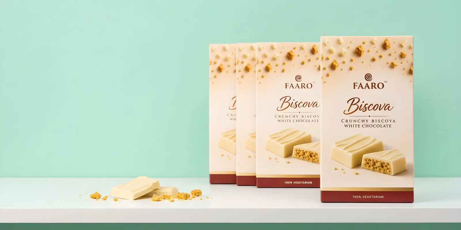 Faaro Biscova white chocolate packs standing in a row on a clean white supermarket shelf against a mint-green backdrop