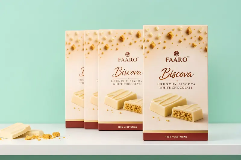 Faaro Biscova white chocolate packs standing in a row on a clean white supermarket shelf against a mint-green backdrop