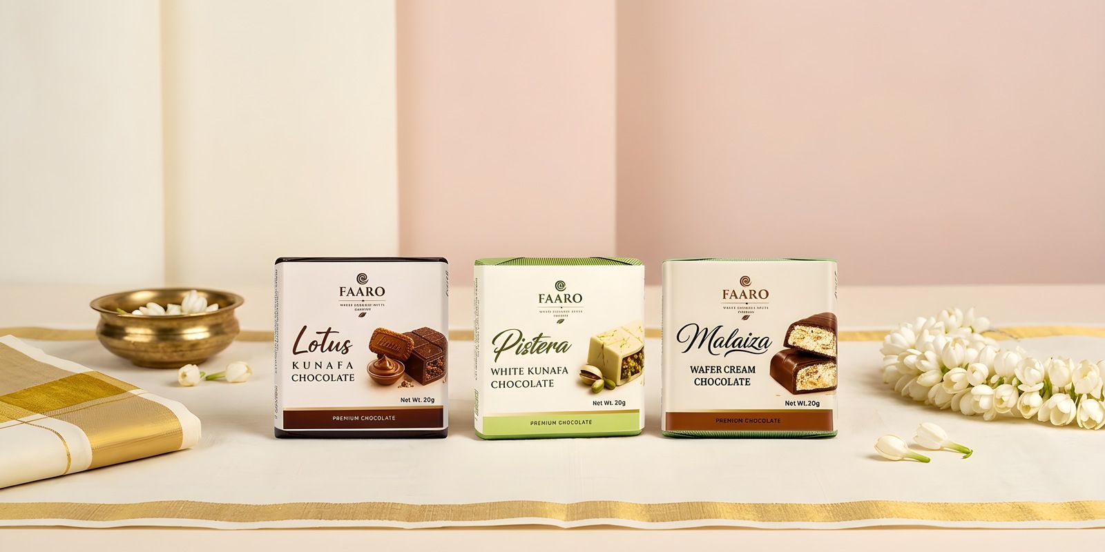 Three Faaro chocolate packs arranged as South Indian wedding favours on a gold-bordered handloom cloth with jasmine