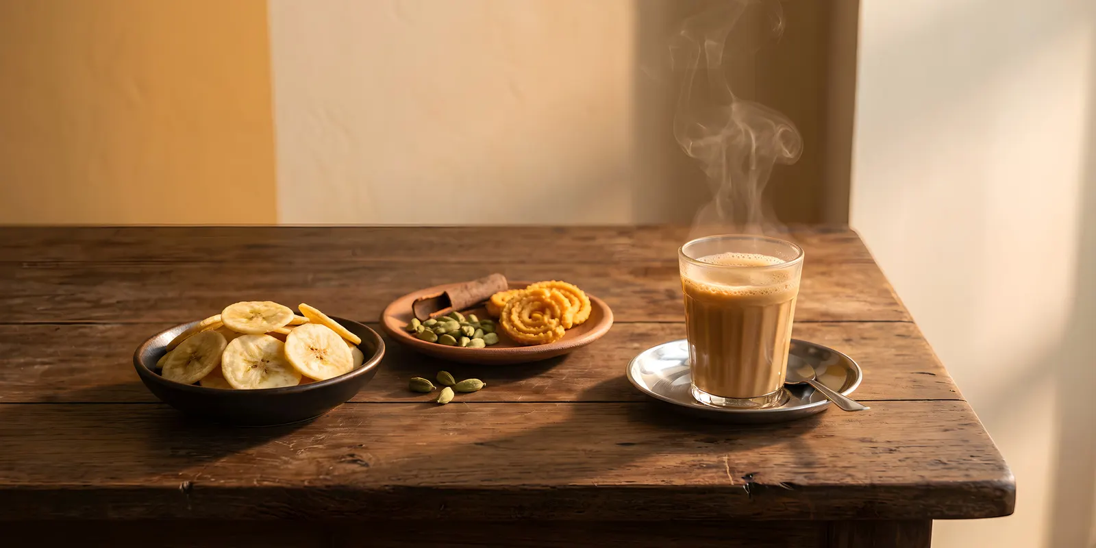 A glass of milky masala chai with steam beside bowls of Kerala banana chips and savoury snacks on a dark teak table