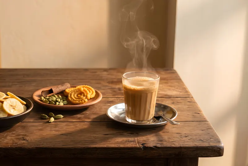 A glass of milky masala chai with steam beside bowls of Kerala banana chips and savoury snacks on a dark teak table