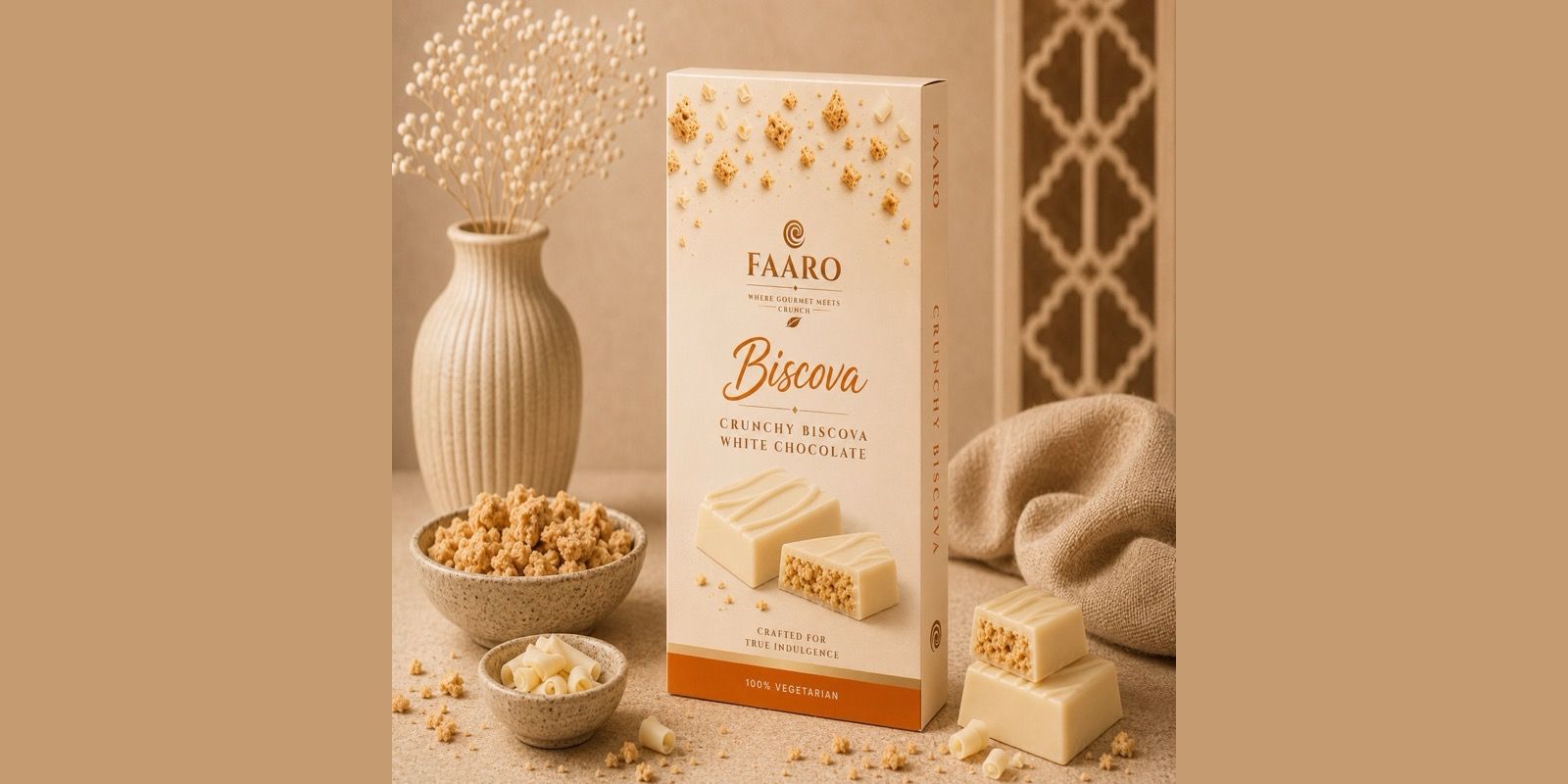 Faaro Biscova crunchy white chocolate bar, supplied wholesale to Kerala supermarkets and gift shops