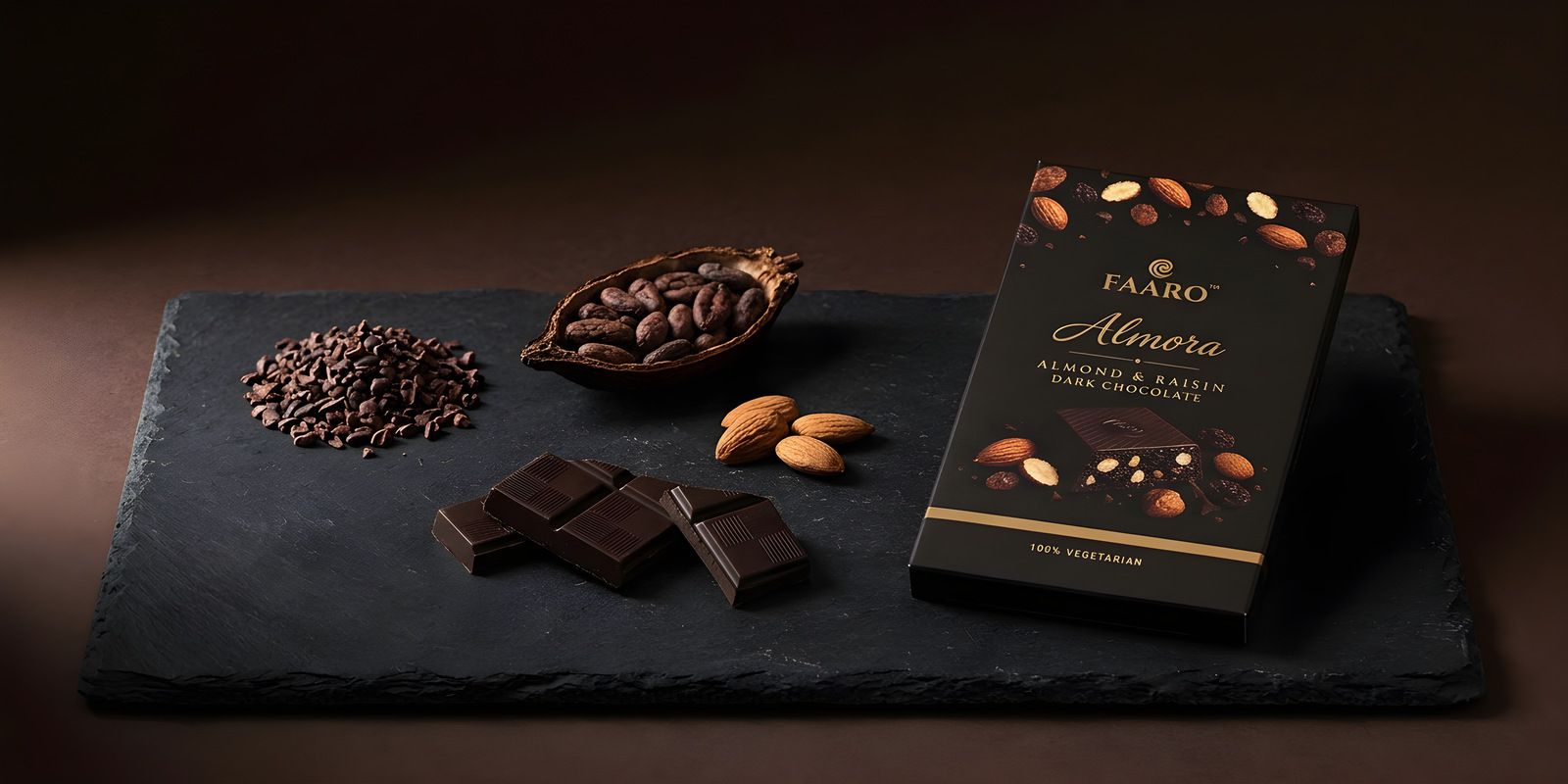 A Faaro Almora dark chocolate pack lying on dark slate with raw cocoa nibs, cocoa beans and almonds