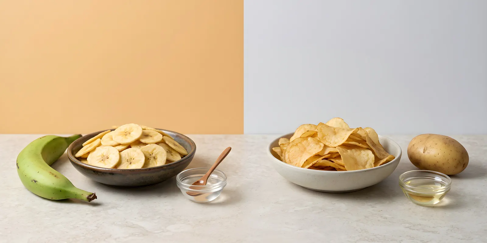 Kerala banana chips in a dark bowl with a green plantain on the left, and potato crisps in a pale bowl with a raw potato on the right