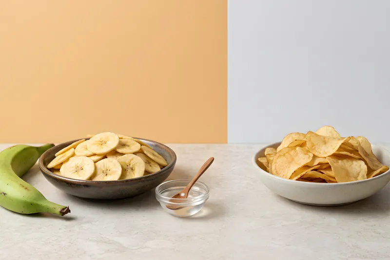 Kerala banana chips in a dark bowl with a green plantain on the left, and potato crisps in a pale bowl with a raw potato on the right